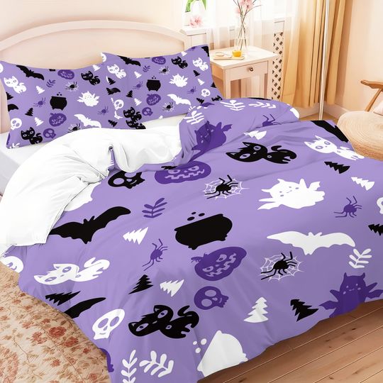 Discover Halloween themed purple cute ghost pumpkin pattern bedding set