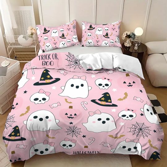 Discover Halloween themed, cartoon ghost, spooky pattern bedding set