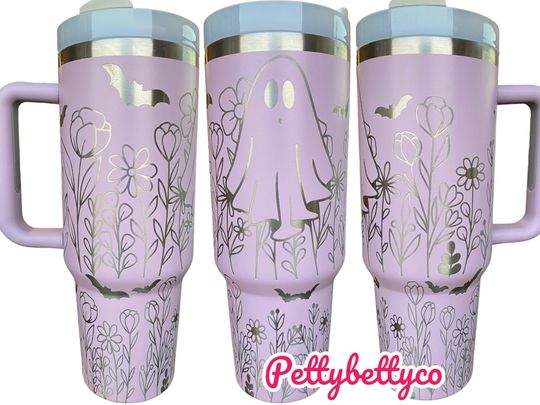 Discover Cute Halloween Tumbler - Cute Ghost Halloween Engraved Tumbler - 40oz Engraved Tumbler - Halloween Cup - Ghosts and Flowers Tumbler