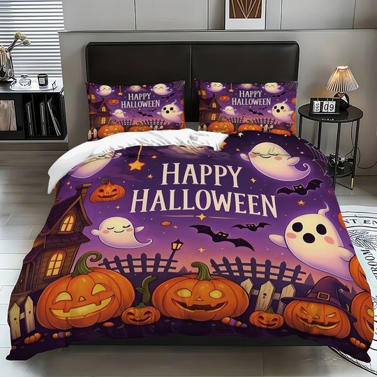 Discover Halloween themed cute ghost and pumpkin pattern bedding set