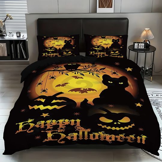Discover Halloween skull pumpkin, black cat pattern bedding set