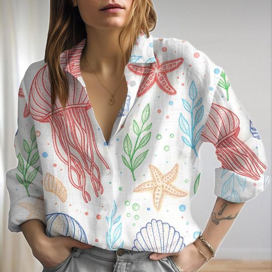 Discover Colorful Starfish Blouse Shirt, Sea Life Casual Shirt, Starfish Women Shirt, Ocean Animal Long Sleeve Shirt