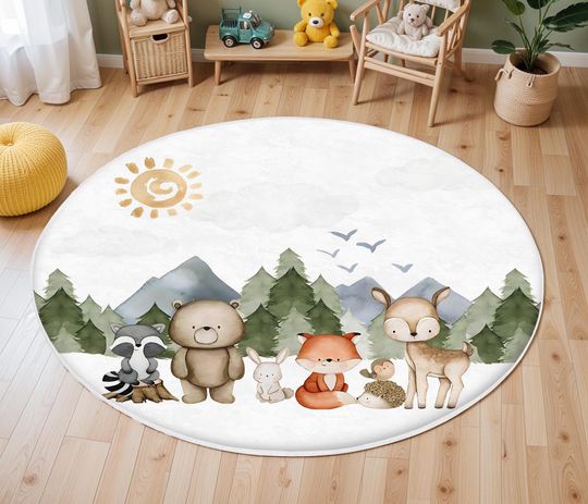 Discover Safari Nursery Rug, Safari Animal Rainbow Rug, Toddler Area Rug