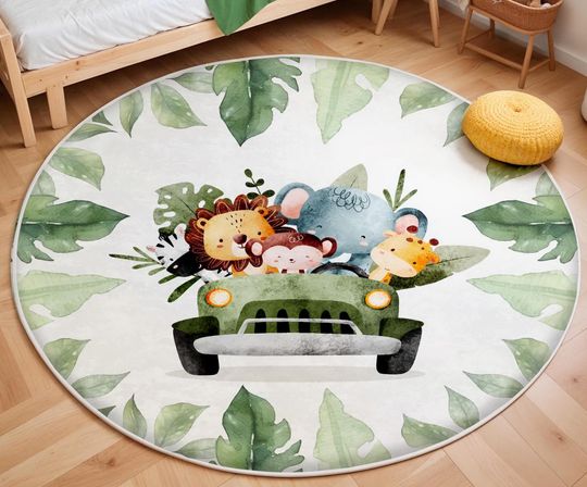 Discover Safari Animals Kids Rug, Nursery Rug, Kids Area Rugg, Jungle Animal Activity Rug