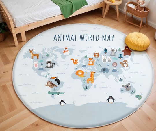Discover Animal World Map, Anti Slip Kids Mat, Nursery Carpet, Cute Animal Learning Rug