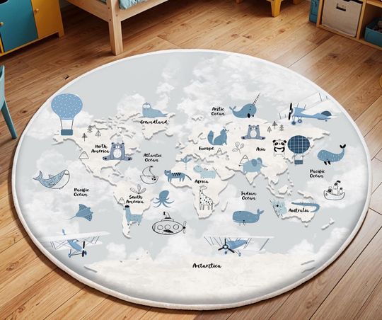Discover World map Nursery Rug, Ocean Play Mat, Kids Rug, Cute Animal Learning Rug