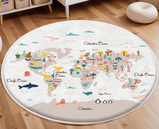 Discover World Map with Animals Rugs, Nursery Rug, Kids Area Rug, Kids Room Rug,