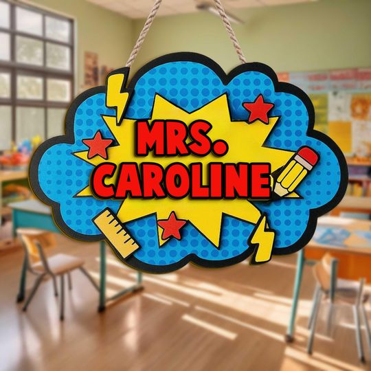 Discover Personalized Comic Theme 3D Teacher Door Sign  Custom Gift for Back to School