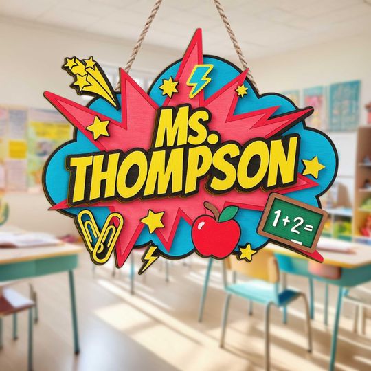 Discover Personalized Comic Style 3D Teacher Door Sign  Custom Gift for Back to School