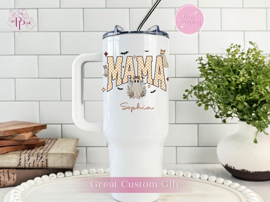 Discover Engraved Halloween Tumbler with Handle - Spooky Mama Ghost Gift, Fall Cup