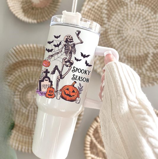 Discover Spooky season 40oz tumbler, halloween 40oz tumbler with handle, dancing skeleton tumbler for halloween, boo basket gift for her,