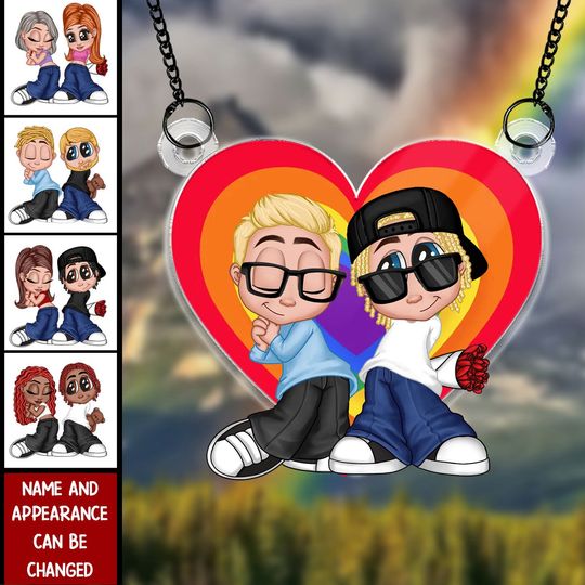 Discover LGBT Y2K Couple Heart Personalized Window Hanging Suncatcher Ornament, Pride Month Gift For Couple, For Him, For Her