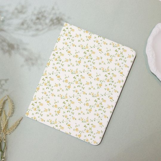 Discover Soft Yellow Rose Vine 2024iPad7/8/9/10 Air Mini3/5/6th Gen Pro11/12.9"Inch Cover Flip Book Case Pencil Holder Auto Wake/Sleep Gift for Her