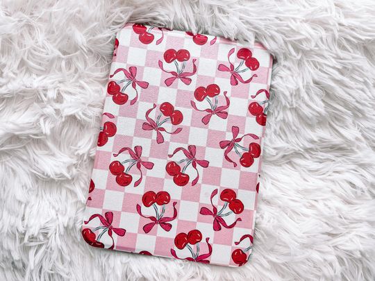 Discover Retro Cherries Clear Back and Handstrap Case | Kindle Paperwhite and Kobo Libra Colour Case | Checkered Design | Cherries and Bows