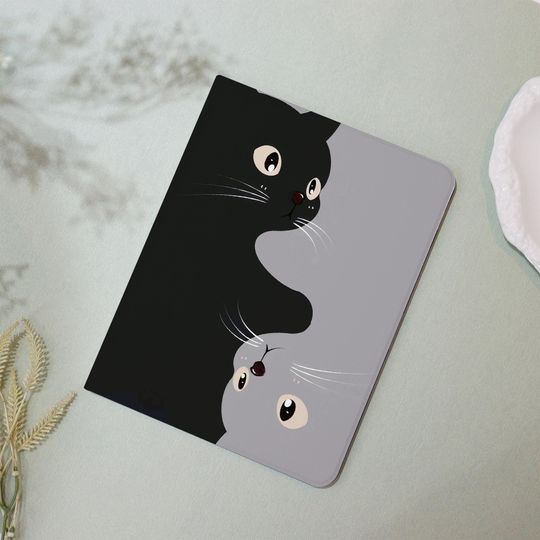 Discover Black Gray Cat  iPad Cover, Flip Case, Protective Tablet Gift for Her
