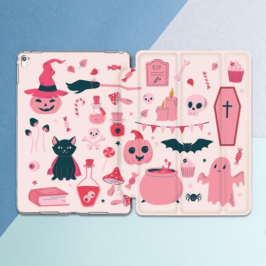 Discover Kawaii Halloween art Pink cute art Witchy decor print Pumpkin Cat Ghost iPad case skull iPad smart case iPad case girly Funny bat