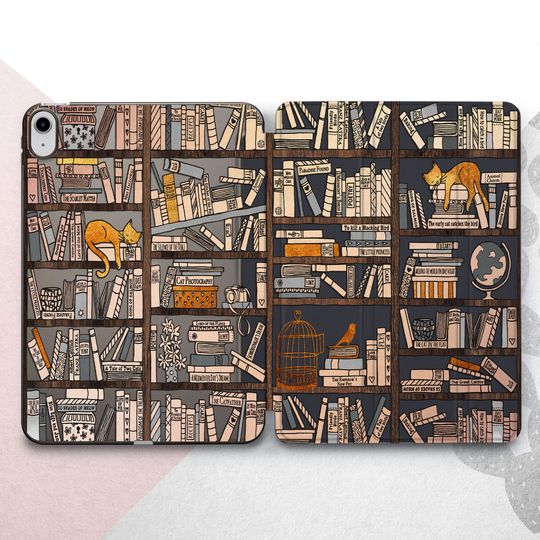 Discover Bookshelf iPad Pro 13 12.9 2024 2022 Case Book iPad Mini 7 Cute Cat Bird iPad Air 11 5 4 3 Wood Library iPad 9.7 2018 10.5 10.2 8th 9th 10th
