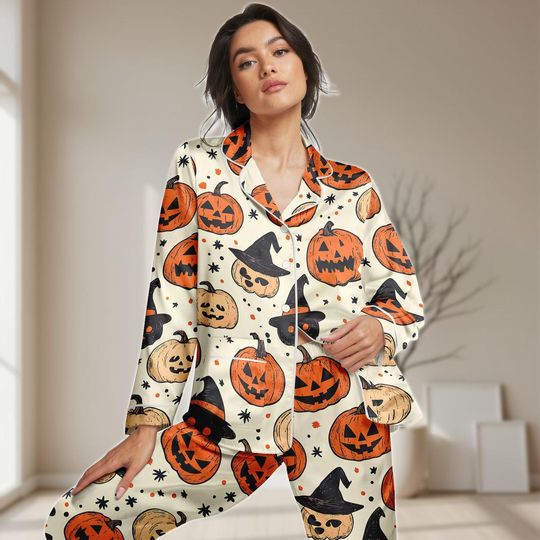 Discover Halloween Pumpkin Long Satin Pajamas Set, Jack O Lantern Women PJs