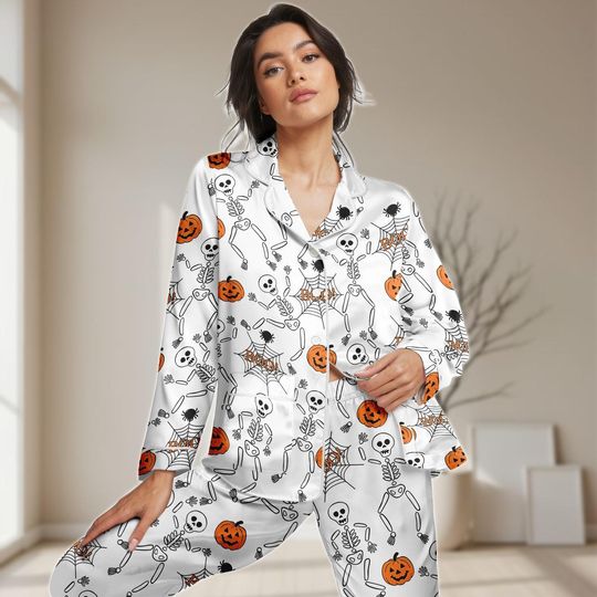 Discover Halloween Skeleton Long Satin Pajamas Set, Spider Web Boo Women PJs
