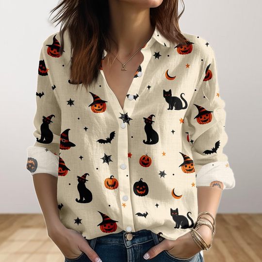 Discover Black Cat Pumpkin Blouse Shirt, Halloween Women Shirt