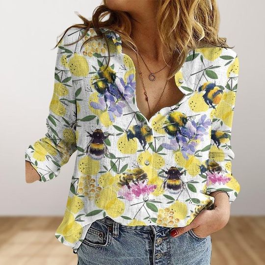 Discover Bee Linen Shirt, Beekeeper Blouse Women Shirt, Flower