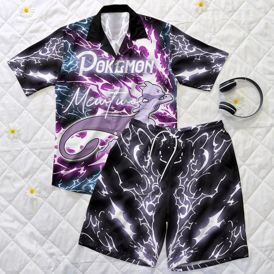 Discover Mewtwo Hawaiian Shirt, Lightning Summer Short Set, Bold Style Summer Outfit, Unisex Button Up Shirt, Funny Matching Set, Mewtwo Shirt Gift