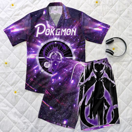 Discover Mewtwo Hawaiian Shirt, Galaxy Summer Short Set, Cosmic Style Summer Outfit, Unisex Button Up Shirt, Funny Matching Set, Mewtwo Shirt Gift