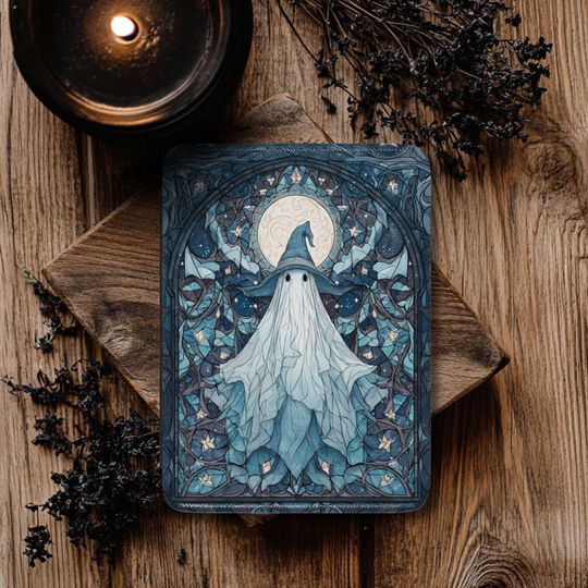 Discover Halloween Kindle Case, Celestial Witchy Ghost Aesthetic, Blue Stained Glass Art Nouveau 7" Paperwhite or Colorsoft Cover, Book Lover Gifts