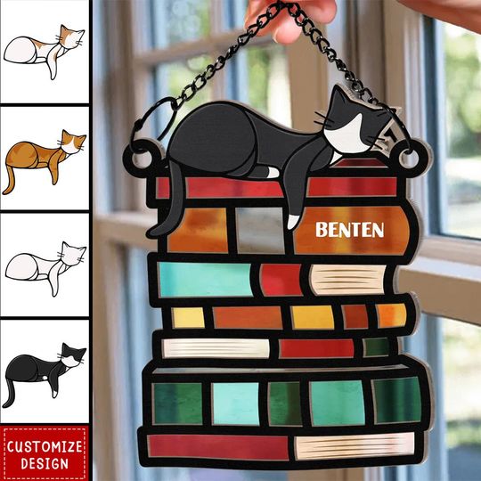 Discover Sleeping Cat On The Books - Personalized Window Hanging Suncatcher Ornament