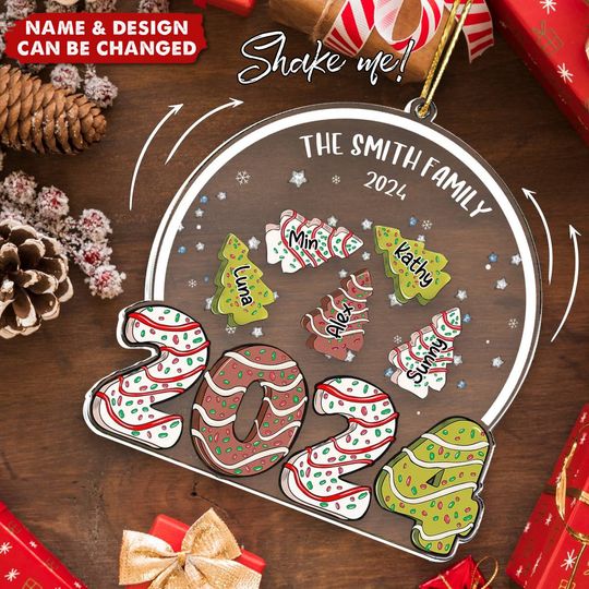 Discover Family Christmas Tree Cake 2024 Personalized Shaker Ornament, Christmas Gift