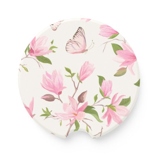 Discover Floral Soapstone Car Coaster, Pink Magnolia Design, Car Accessories