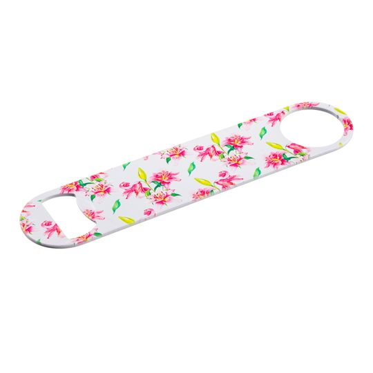 Discover Vintage Flower Pattern Pink Paddle Bottle Opener, Powder Coated, Stainless Steel, Professional Bartender, Full Color, Decorated in USA