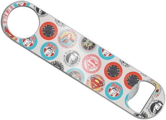 Discover Superman Button Pattern Stainless Steel Vinyl Covered Flat Bartender Speed Bar Bottle Opener