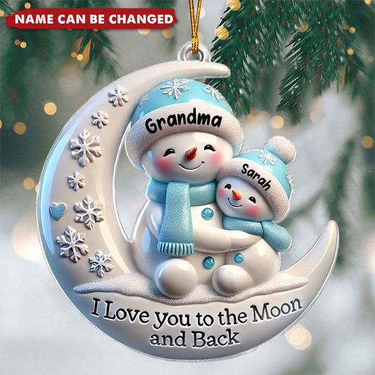 Discover Snowmen Grandma &Hugging Grandkid On The Moon - Personalized Acrylic Ornament