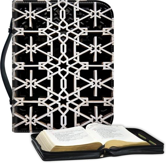 Discover Bible Covers for Women Men, Carrying Book Case Church Bag Bible Protective PU Leather Bible Case for Standard and Large Size Study Bible 10x7.5x1.9 in,Geometric Pattern