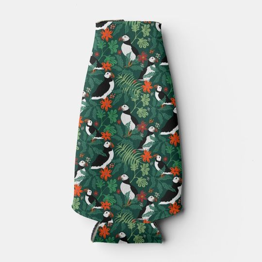 Discover Lush Green Puffin Pattern Bottle Cooler