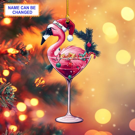 Discover Custom Name Flamingo With Santa Hat On Xmas Glass Ornament, Christmas Tree Hanging Decor, Christmas Ornament, Flat 2D Ornament