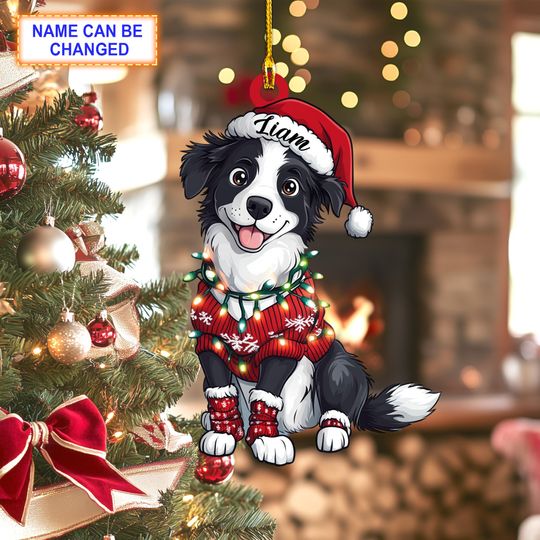 Discover Custom Name Border Collie Cute Dog With Santa Hat Christmas Lights Ornament