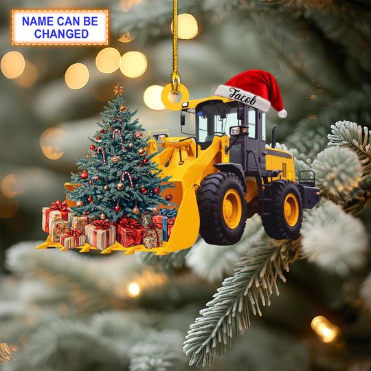 Discover Custom Name Wheel Loader With Santa Hat and Christmas Giftbox Ornament, Christmas Tree Hanging Decor, Christmas Ornament, Flat 2D Ornament