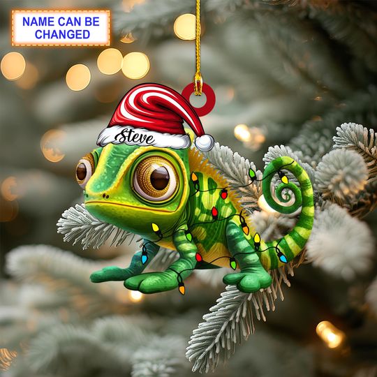 Discover Custom Name Cute Gecko Christmas Chameleon Personalized Ornament, Christmas Tree Hanging Decor, Christmas Ornament, Flat 2D Ornament