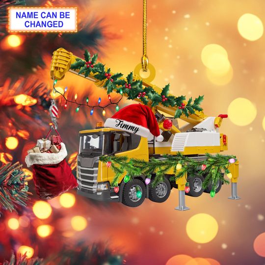 Discover Custom Name Crane Truck With Santa Hat and Christmas Giftbox Ornament