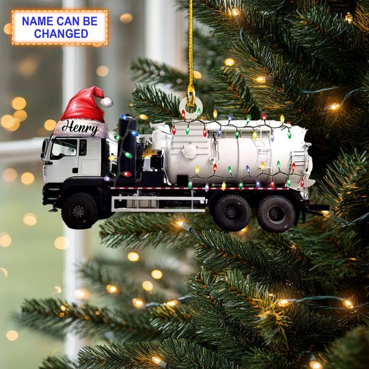 Discover Custom Name Sand Pumping Truck With Santa Hat and Christmas Lights Ornament, Christmas Tree Hanging Decor, Christmas Ornament, Flat Ornament