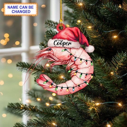 Discover Custom Name Shrimp with Christmas Lights Personalized Ornament, Christmas Tree Hanging Decor, Christmas Ornament, Flat 2D Ornament