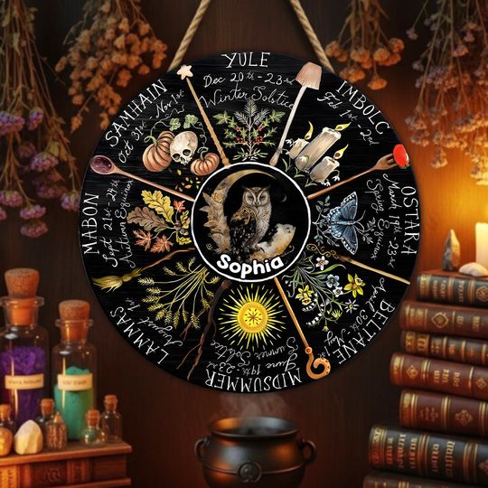 Discover Wheel Of The Year - Personalized Witch Round Wood Sign