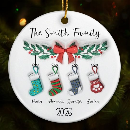 Discover          Family Stocking - 3D Inflated Effect Printed Ornament, Personalized Circle Ceramic Ornament       
