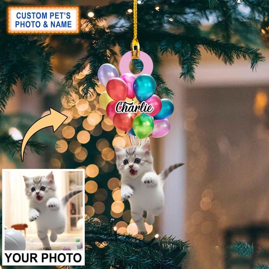 Discover Custom Photo Cute Cat With Colorful Balloons V1 Personalized Ornament