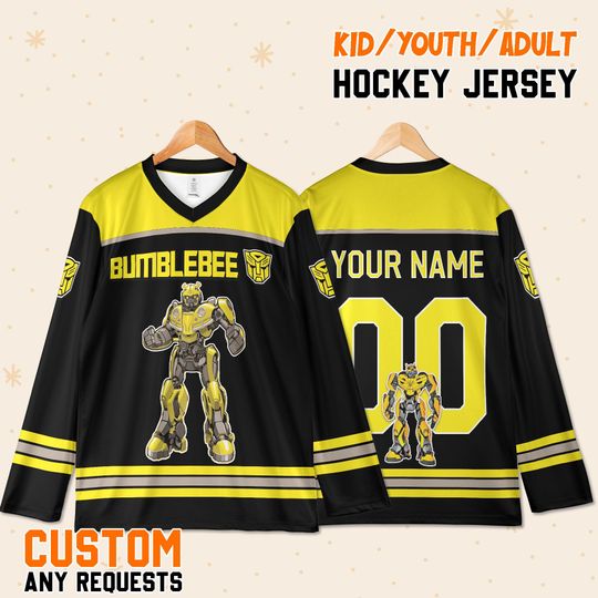 Discover Custom Transformers Bumblebee Hockey Jersey, Personalized Family Outfit, Halloween Costume