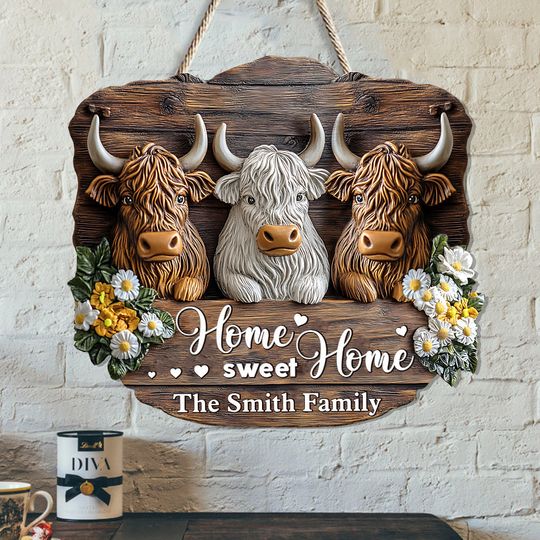 Discover Home Sweet Home - Personalized Highland Cow Custom Shaped Wood Sign