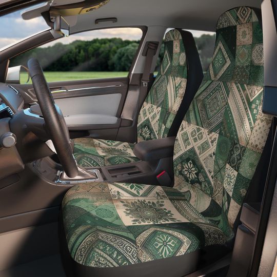 Discover Boho Emerald Green Car Seat Covers, Patchwork Design for Cozy Rides, Car Accessories, Gift for New Drivers, Home Decor, Road Trip Essentials