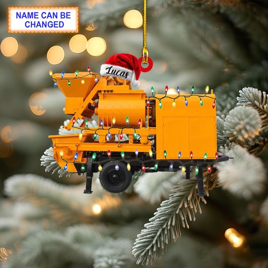 Discover Custom Name Mobile Concrete Pump With Santa Hat Christmas Lights Ornament, Christmas Tree Hanging Decor, Christmas Ornament,Flat 2D Ornament
